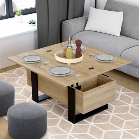 IDMARKET Mesa de centro rectangular convertible en mesa de comedor de diseño industrial PHOENIX
