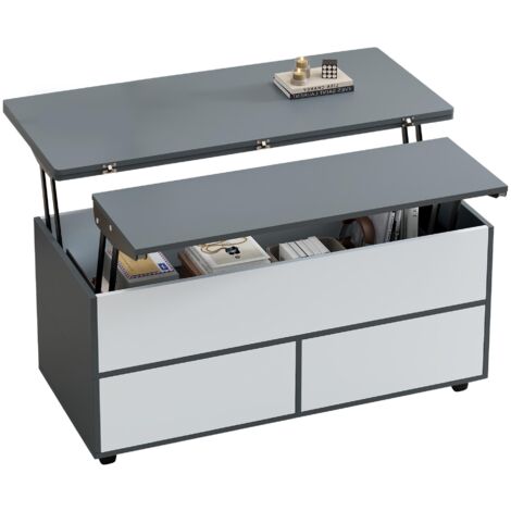 Mesa de centro rectangular de 100 x 98 x 65 cm, mesa de centro regulable en altura, color gris y blanco, con almacenamiento oculto y estantes, ideal para salón, estudio, apartamento y oficina.