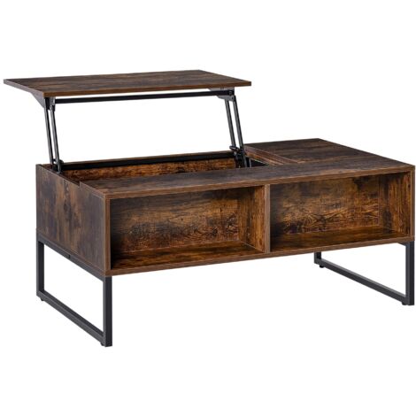 Mesa de centro rectangular de interior de 100 x 60 x 40 cm, marrón, elevable y con compartimentos ocultos, ideal para salón, estudio, apartamento u oficina.