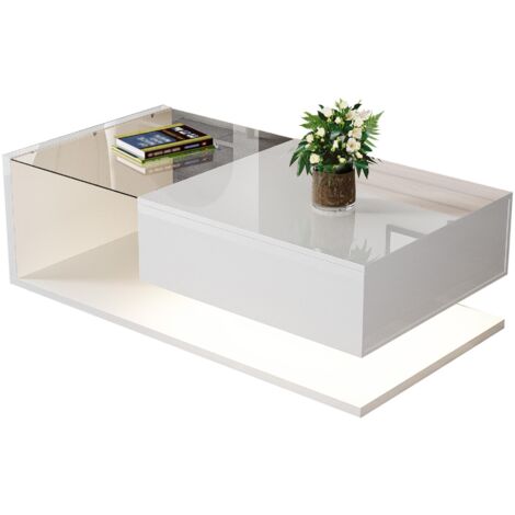 Mesa de centro rectangular de interior, mesa de centro en blanco brillante, mesa auxiliar con tablero de cristal, ideal para salón, estudio, apartamento y oficina.