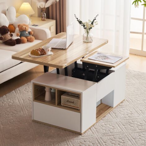 Mesa de centro rectangular de interior, multifuncional y ajustable, en color blanco y madera, con 2 cajones y estantes abiertos, ideal para salón, estudio, apartamento u oficina.