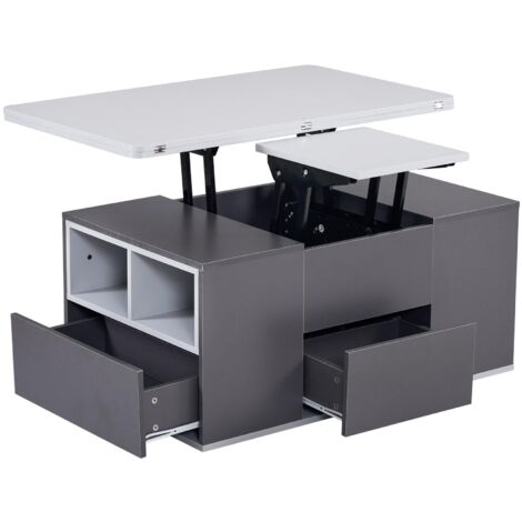 Mesa de centro rectangular de interior, multifuncional y elevable, con tres cajones y estantes abiertos, ideal para salón, estudio, apartamento u oficina.