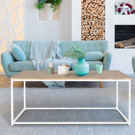 Mesa de centro rectangular DETROIT 113 cm diseño industrial madera y metal blanco