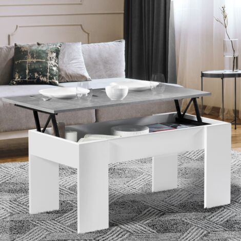 Mesa de centro rectangular elevable TARA efecto madera blanca y hormigón