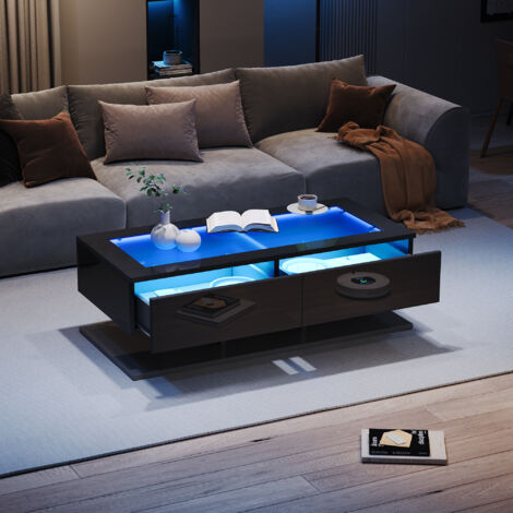 Mesa de centro rectangular LED con 2 cajones, mesa auxiliar de sofá brillante, ideal para salón o dormitorio, 100 x 50 x 35 cm, color negro