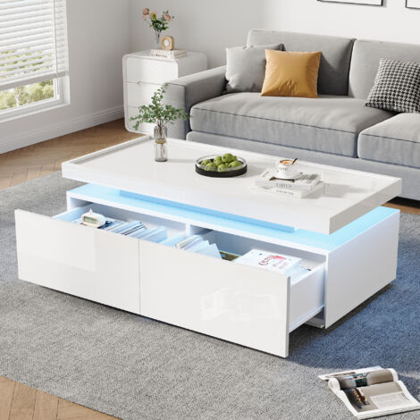 Mesa de centro rectangular LED con espacio de almacenamiento, 2 cajones, 95×45×35cm, color blanco