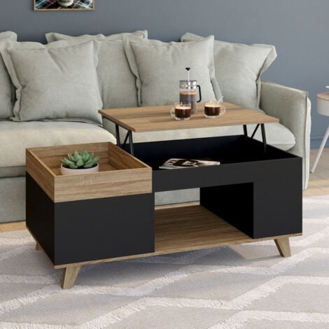 IDMARKET Mesa de centro rectangular LOLA de madera y negro con tablero elevable y bandeja extraíble