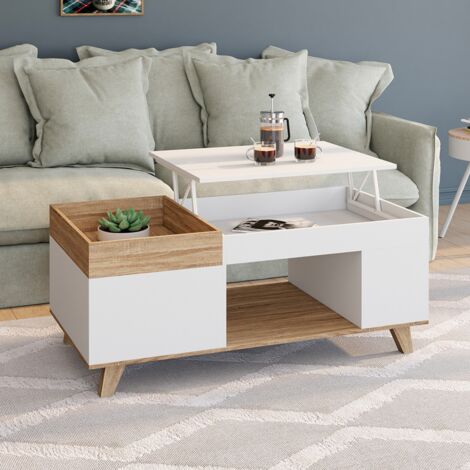 Mesa de centro rectangular LOLA en madera y blanco con tablero elevable y bandeja extraíble