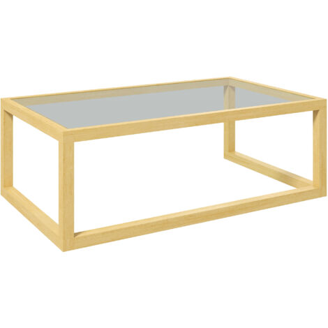 Mesa de centro rectangular, mesa de salón con tablero de cristal templado, estructura de madera maciza de caucho, dimensiones: 100 cm (largo) x 60 cm (ancho) x 35 cm (alto)