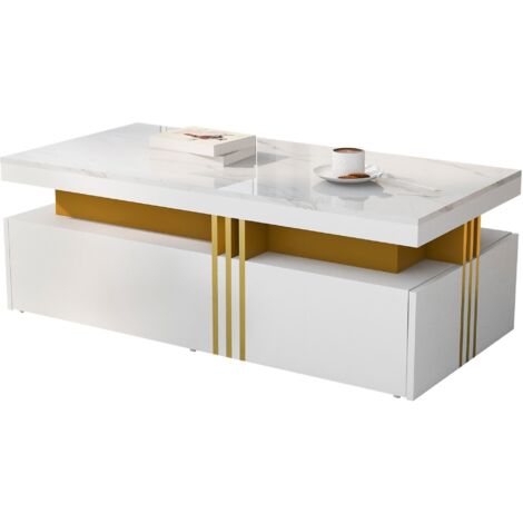 Mesa de centro rectangular moderna, 100 x 50 x 40 cm. Con tablero de mármol blanco y dos cajones de madera para salón, estudio o dormitorio.