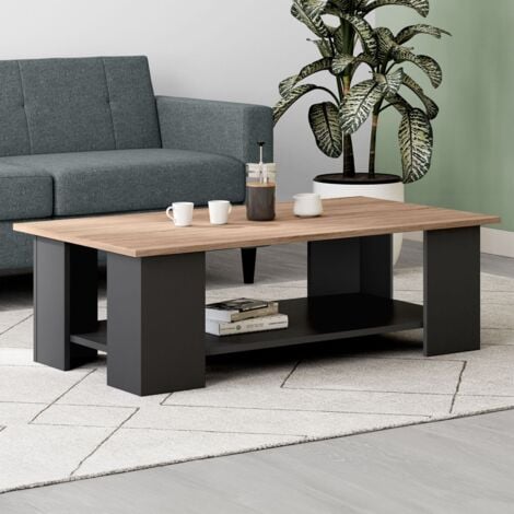 IDMARKET Mesa de centro rectangular negra ELI con tablero de aspecto haya 100 cm