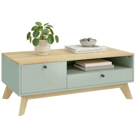 Mesa de centro rectangular para salón con cajón, puerta y compartimento abierto, color verde claro y roble.
