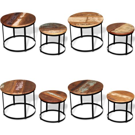 Mesa de centro redonda 2 uds madera maciza reciclada 40cm/50cm - Mesa de salón - Mesa de sofá