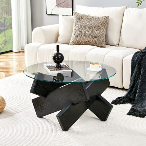 Mesa de centro redonda - 79 x 79 x 45 cm - estructura de madera entrecruzada con un diseño original - sencilla y moderna - MDF y cristal - Negro