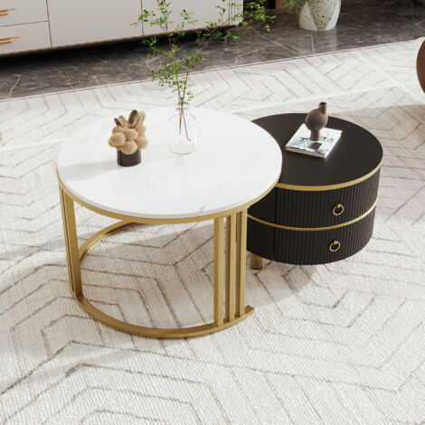 Mesa de centro redonda brillante 2 en 1, mesa de salón con tablero de mármol, 2 cajones y patas doradas, negro y blanco, 70 x 70 x 46 + 50 x 50 x 40 cm