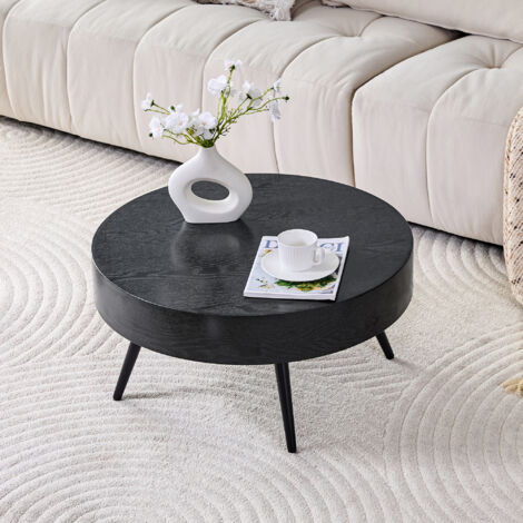 Mesa de centro redonda de Ø70 cm, patas antideslizantes ajustables, MDF con efecto madera negra y metal negro.