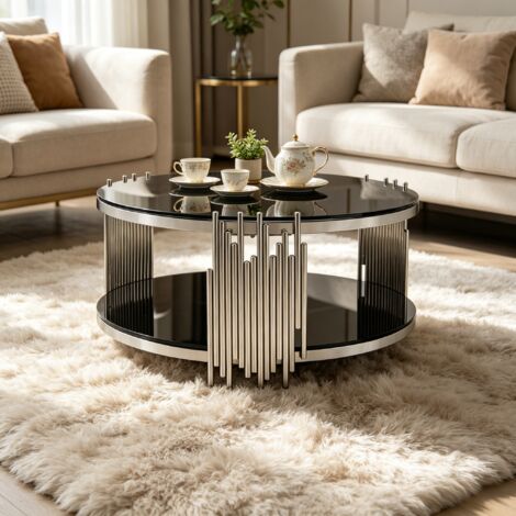 Mesa de centro redonda de dos niveles con espacio de almacenamiento, estructura estable para sala de estar, acero inoxidable plateado y vidrio templado negro.