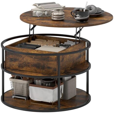 Mesa de centro redonda de interior, elevable y con estantes y espacio oculto, ideal para salón, estudio, apartamento u oficina.