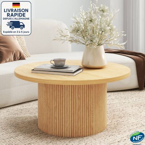 Mesa de centro redonda de madera maciza de 35,43 pulgadas - Madera con certificación PEFC - Estilos de diseño - Color natural