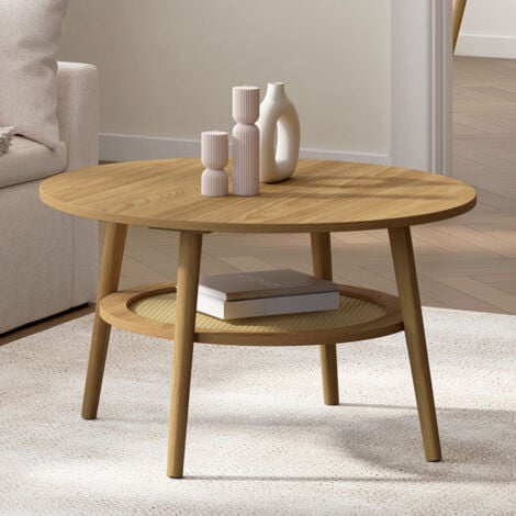 IDMARKET Mesa de centro redonda HANAE de 70 cm en madera de haya con tablero de caña efecto natural