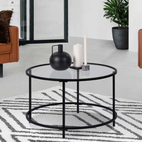IDMARKET Mesa de centro redonda MERANO con tapa de cristal de 70 cm y base de metal