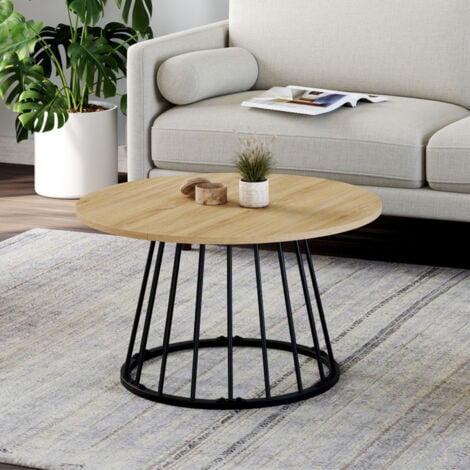IDMARKET Mesa de centro redonda YUNA de 70 cm con tapa de madera y pata de alambre de metal negro