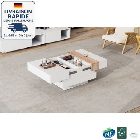 Mesa de centro retráctil brillante de 70 x 70 x 39 cm, con compartimentos ocultos y separadores, color blanco y primario.