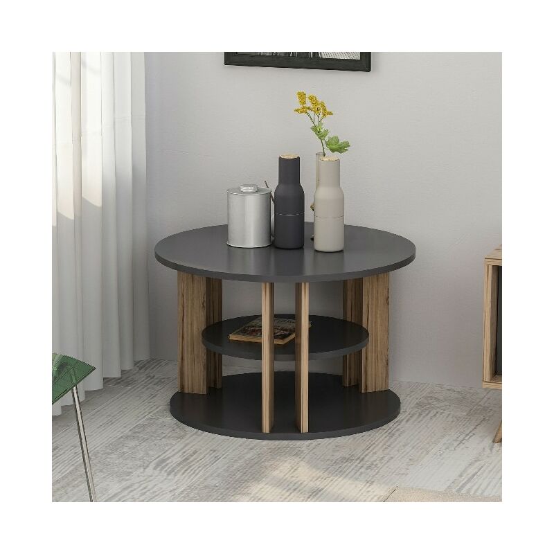 

Mesa de Centro Rilla Redonda Baja - con Compartimientos - para Salon - Nogal, Antracita en Madera, 68 x 68 x 44 cm