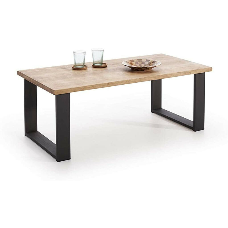 

Mesa de centro salon comedor madera maciza natural y patas de acero. Estilo industrial vintage.