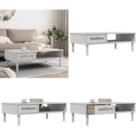 Mesa de centro SENJA aspecto ratán madera blanco 100x55x33 cm - Madera de pino - Ratán sintético