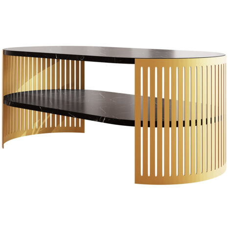 Mesa de centro Sordore 116, Dorado + Mármol negro, 40x50x100cm, Diámetro: 0, Aglomerado laminado, Ovalada