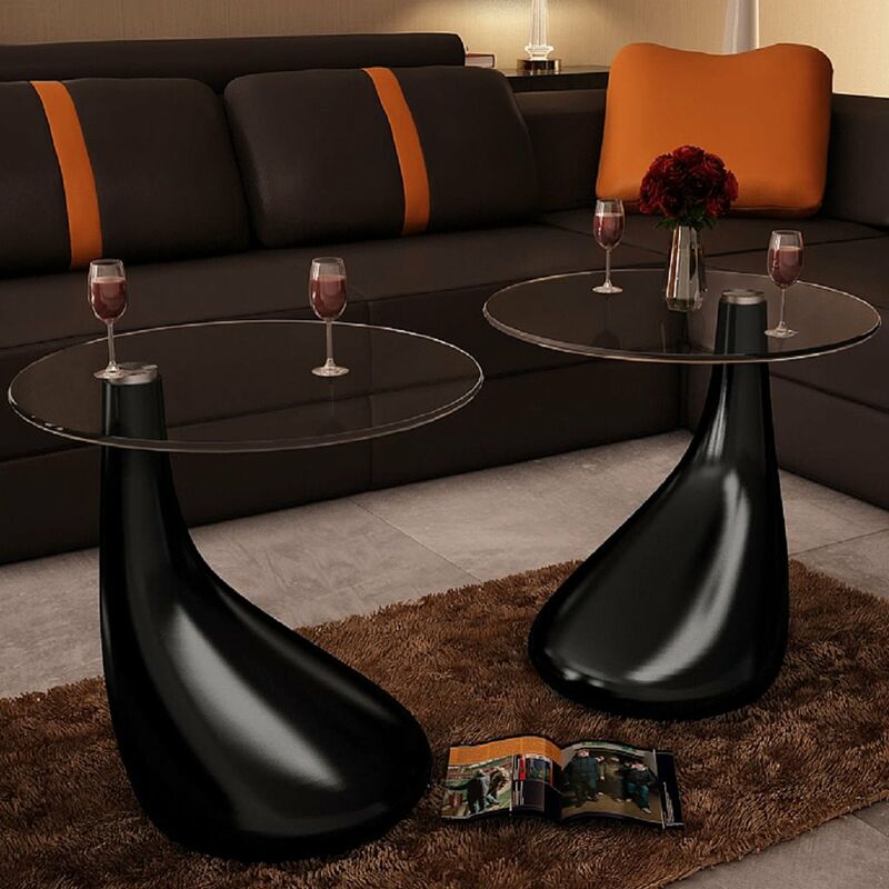 

Mesa de centro superficie redonda vidrio negro brillante 2 uds