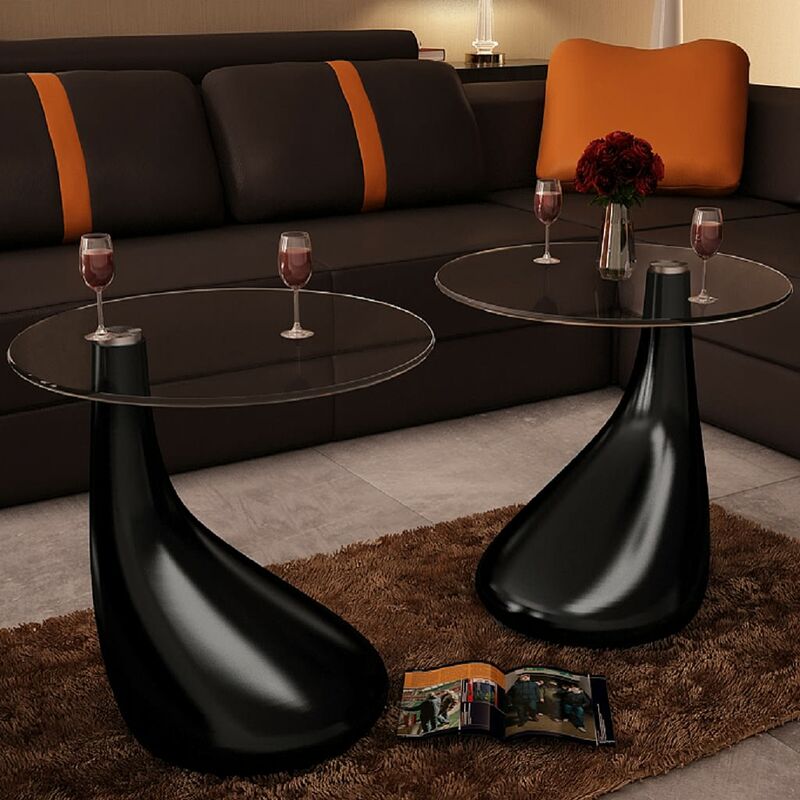 

Mesa de centro superficie redonda vidrio negro brillante 2 uds