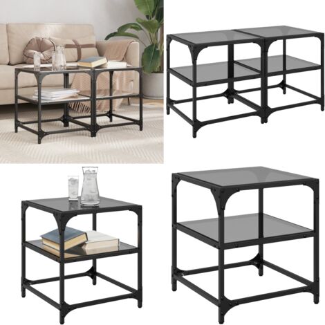 Mesa de centro superficie vidrio 2 uds acero negro 40x40x45 cm - Mesa de salón - Mesa de centro vidrio