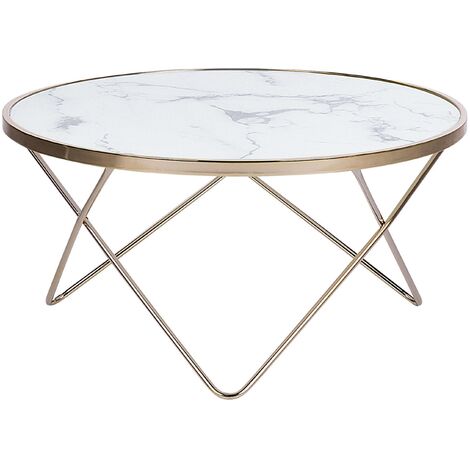 Mesa de centro tablero de cristal templado con efecto mármol blanco patas de horquilla de metal dorado forma redonda Meridian II