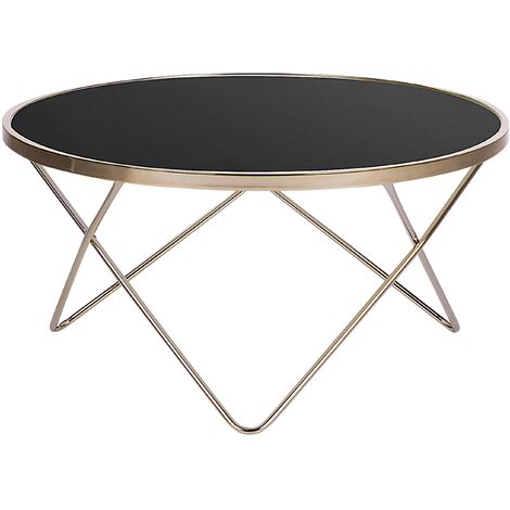 Mesa de centro tablero de cristal templado negro patas de horquilla de metal dorado forma redonda Meridian II - Negro