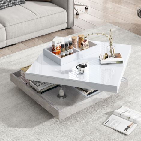 Mesa de centro, tablero giratorio 360°, con compartimentos de almacenamiento, chapa de mármol, tablero de partículas, blanco