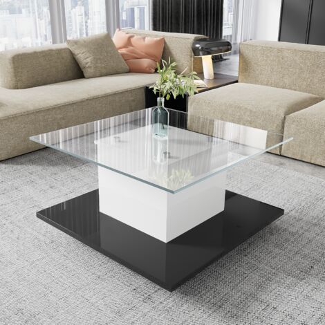 Mesa de centro tablero vidrio templado acabado brillo tablero de partículas LED regulable blanco y negro