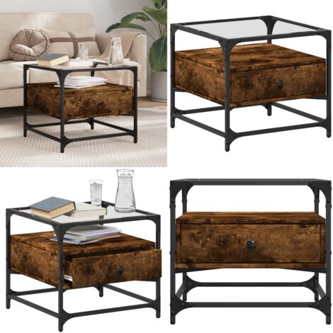 Mesa de centro tapa de vidrio acero roble ahumado 50x50x45 cm - Mesa de salón - Mesa auxiliar