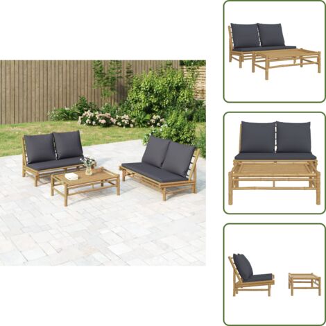 Mesa de centro - vidaXL Set de muebles de jardín 2 piezas bambú con cojines gris oscuro - Bambú