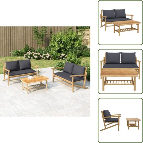 Mesa de centro - vidaXL Set de muebles de jardín 2 piezas bambú con cojines gris oscuro - Bambú