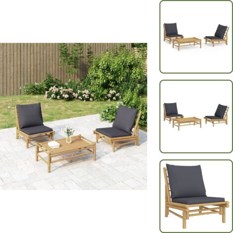 Mesa de centro - vidaXL Set de muebles de jardín 3 piezas bambú con cojines gris oscuro - Bambú