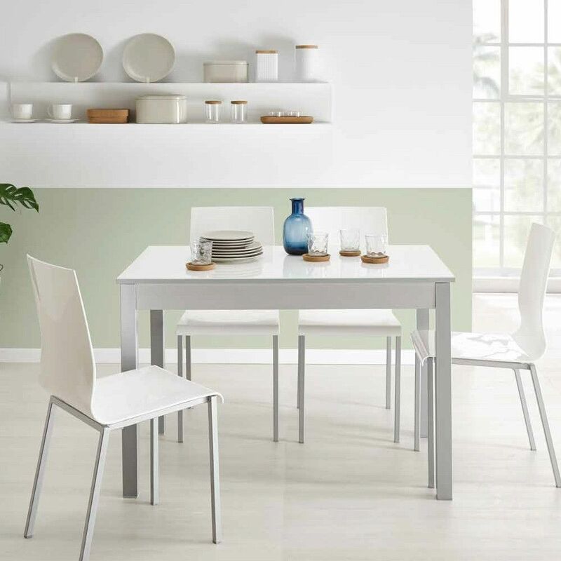 

Mesa de cocina extensible Atenas cristal blanco óptico | Dimensiones : 110 x 70 cm. - Patas: Blanco texturizado