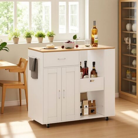 Mesa de cocina - Isla con ruedas - 102x46x92 cm - 2 puertas - 1 cajón - Blanco