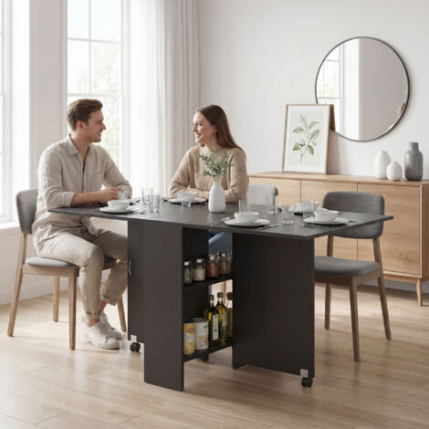 Mesa de Cocina Plegable con 2 Ruedas 2 Estantes de Almacenaje y 2 Alas Abatibles Estilo Moderno 75x140x74 cm Negro