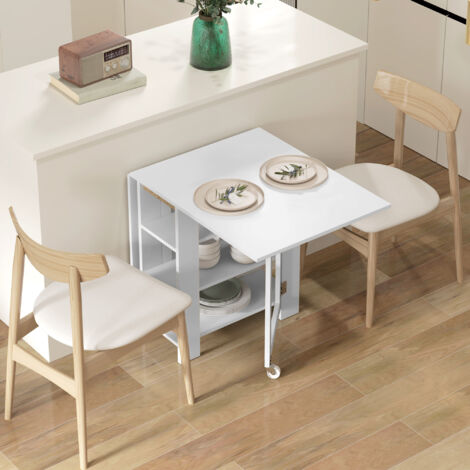 Mesa de Cocina Plegable con Alas Abatibles 2 Ruedas y Estantes Estilo Moderno 120x60x75 cm Blanco