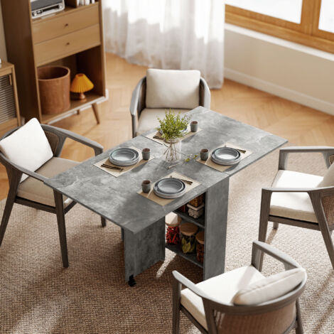 Mesa de Cocina Plegable con Ruedas 2 Estantes de Almacenaje y 2 Alas Abatibles Estilo Moderno 75x140x74 cm Gris Cemento