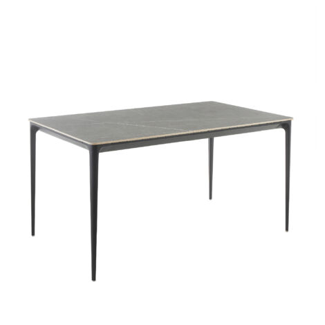 Mesa de comedor 140 x 80 cm RUTH para interior y exterior con tablero de cerámica sinterizada efecto piedra y estructura de aluminio negro - MOG CASA