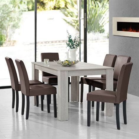 Mesa de comedor + 6 sillas Forssa MDF y polipiel 140x90x77cm - Roble blanco + Marrón [en.casa]