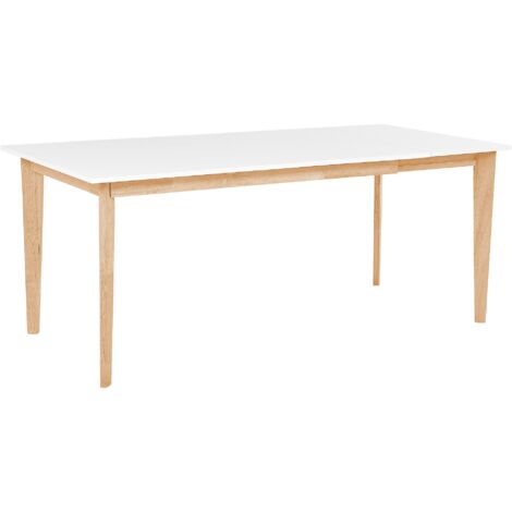 Mesa de comedor blanca MDF en color madera clara con patas de madera de caucho extensible Sola
